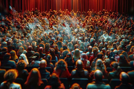 A vibrant audience awaits a performance, immersed in excitement and anticipation under the mesmerizing stage lights.