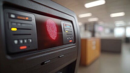 Fototapeta premium Biometric scanner, analyzing a fingerprint, close-up on the scanner, bright office light