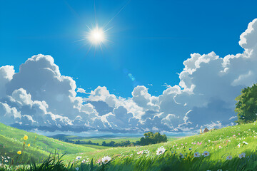 Obraz premium A picturesque landscape with lush green fields, wildflowers, and a bright blue sky with fluffy clouds, bathed in the warm glow of the sun.