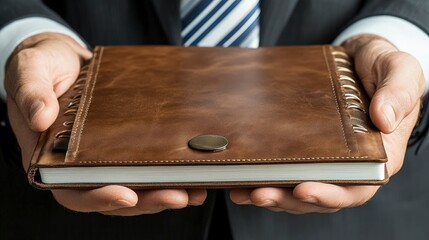 Businessmanâ€™s hands, holding a leather-bound planner, close-up, desk background