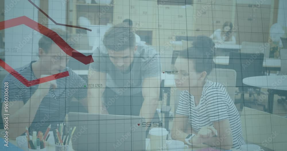 Poster animation of financial data processing over diverse colleagues discussing work in office