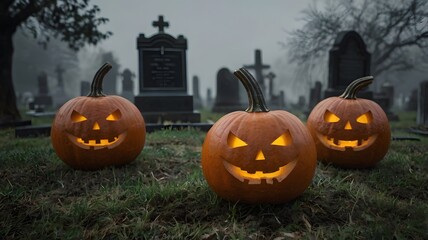 Obraz premium Halloween Pumpkin at Spooky Graveyard Scene. Image generated by AI