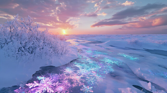 An arctic tundra where snowflakes are made of holographic patterns that flicker and change shape in mid-air, casting colored light across the frozen landscape as they fall