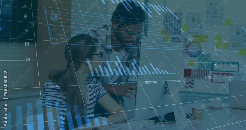 Poster animation of financial data processing over diverse colleagues discussing work in office