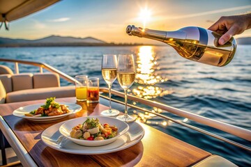 Obraz premium A medium shot of a luxurious dinner being served on a luxury yacht in the middle of the sea with a bottle of champagne wine being poured into two glasses, fine dining, romance