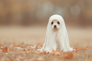 Adorable dog dressed as a ghost for Halloween, surrounded by autumn leaves in a park. Cute and festive pet in costume.