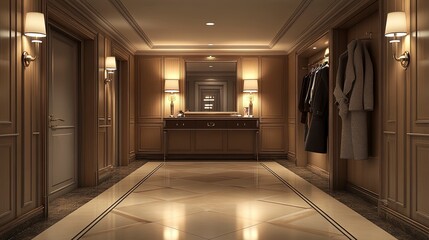 Chic entryway, with a console table, large mirror, and stylish coat rack, soft wall lighting