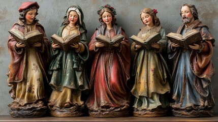 Naklejka premium Christmas caroler figurines, singing, holding songbooks, placed on a shelf, candlelight