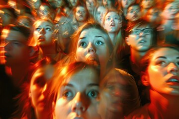 Obraz premium A crowd of people with expressions of awe and excitement, illuminated by warm, colorful lights, creating an energetic atmosphere.