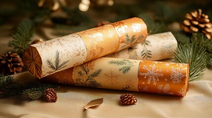 Christmas crackers, with gold and silver designs, placed on a dinner table, chandelier light