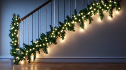 Christmas garland, draped along a staircase railing, intertwined with white lights, dim evening light