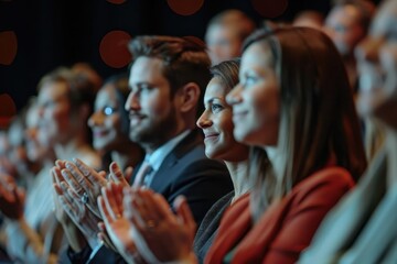 A diverse group of people clapping and celebrating in a well-lit auditorium during an engaging event or presentation.