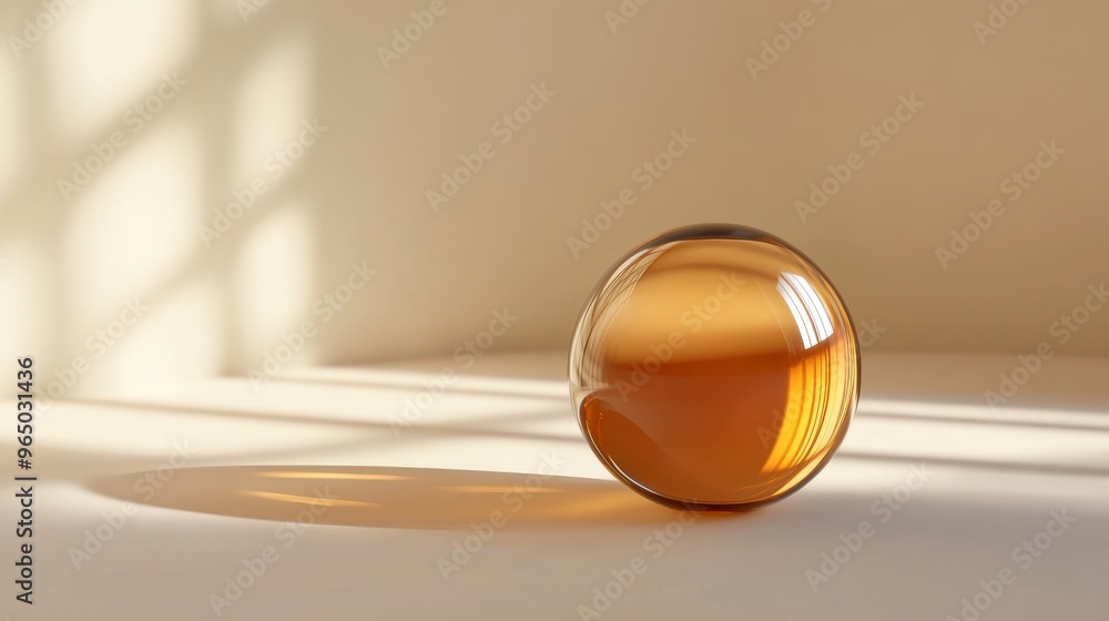 Poster glass sphere casting shadow on beige surface, minimalistic design concept