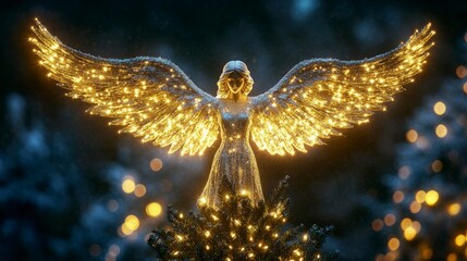Christmas tree topper, in the shape of an angel, with golden wings, illuminated by tree lights