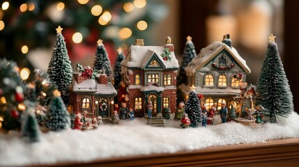 Fototapeta premium Christmas village, with tiny people and houses, set up on a mantle, glowing softly