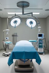 sterile, well-equipped operating room, featuring a surgical bed, medical devices, and overhead surgical lights. Ideal for precision and safety during medical procedures.