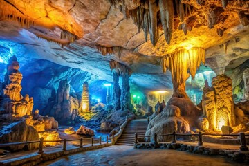 Sung Sot Cave is a magnificent limestone grotto located in Ha Long Bay Vietnam The photo depicts the stunning interior of the cave with its unique rock formations and beautiful lighting