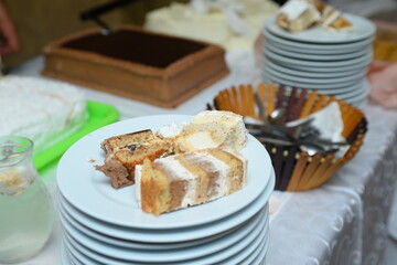 A few pieces of different cakes on a plate