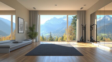 Fototapeta premium Contemporary home gym, with floor-to-ceiling mirrors, exercise equipment, and a large window, natural light
