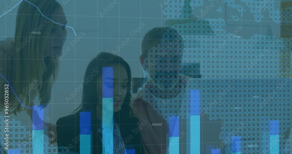 Aufkleber animation of financial data processing over diverse colleagues discussing work in office