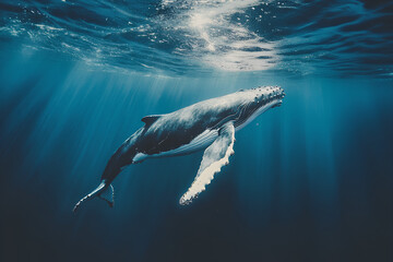 A humpback whale swims gracefully through the deep blue ocean, bathed in sunlight.