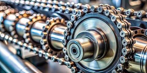 Fototapeta premium A close up view of a chain transmission bearing drive shaft gear and chain being lubricated at eye level, chain transmission, chain lubrication, gear, bearing