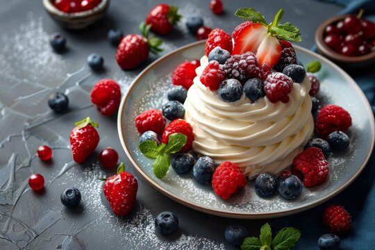 A beautifully plated dessert of zabaglione with fresh berries