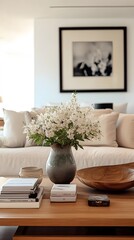 White Flowers in a Vase on a Coffee Table in a Modern Living Room