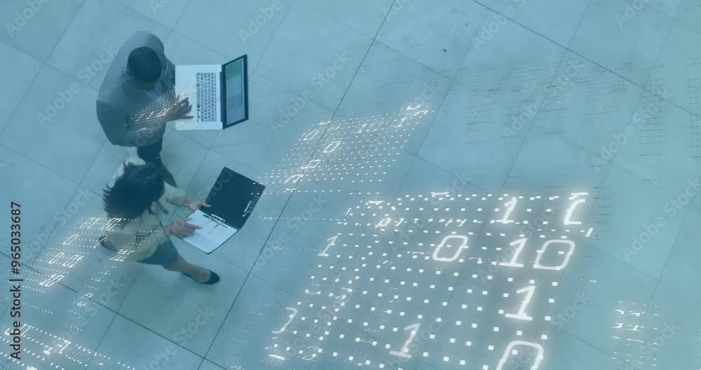 Poster animation of data processing over diverse colleagues walking in office
