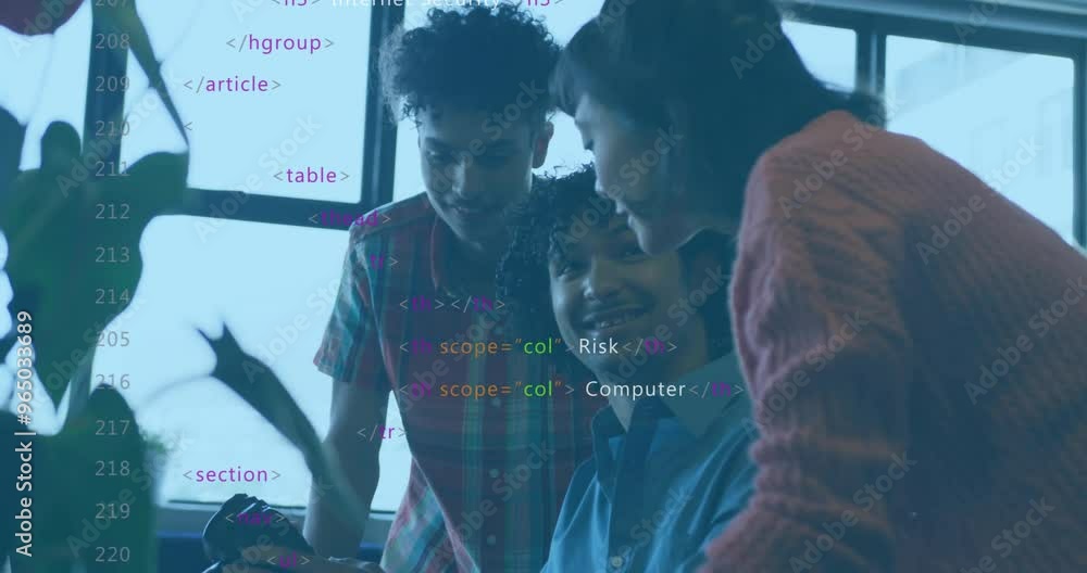 Poster animation of data processing over diverse colleagues talking in office