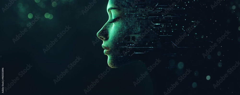 Poster digital human face in futuristic style with circuit patterns on green background