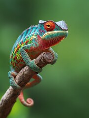 A colorful lizard is perched on a branch