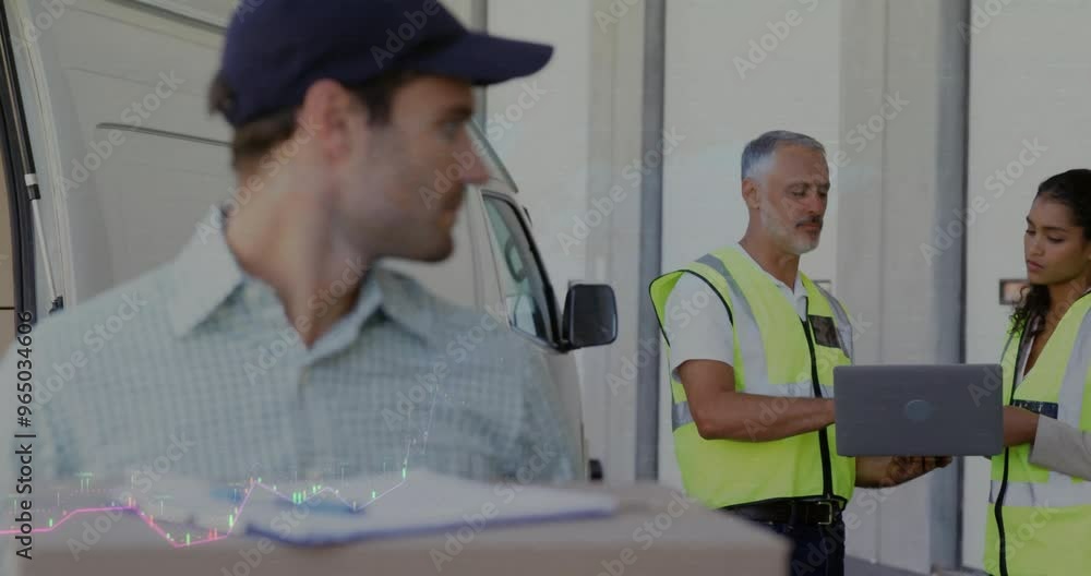 Poster animation of financial data processing and diverse workers in warehouse