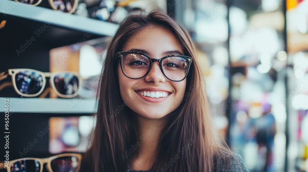 Wall mural A woman wearing glasses is smiling at the camera