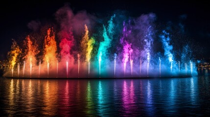 Obraz premium Firecracker display, bright colors exploding, above a river with reflections, New Yearâ€™s Eve atmosphere