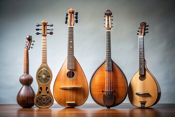 A stock photo featuring a stunning forced perspective composition of isolated string instruments rebab theorbo yueqin and mandoline against a light background, strings,stock photo