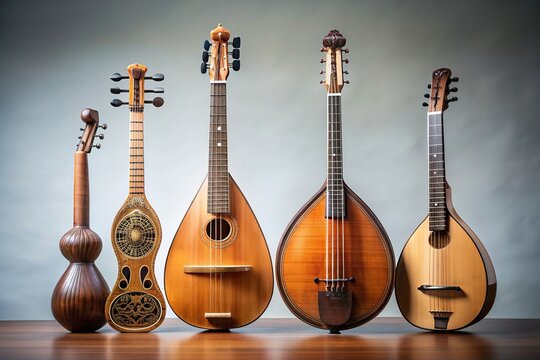 A stock photo featuring a stunning forced perspective composition of isolated string instruments rebab theorbo yueqin and mandoline against a light background, strings,stock photo