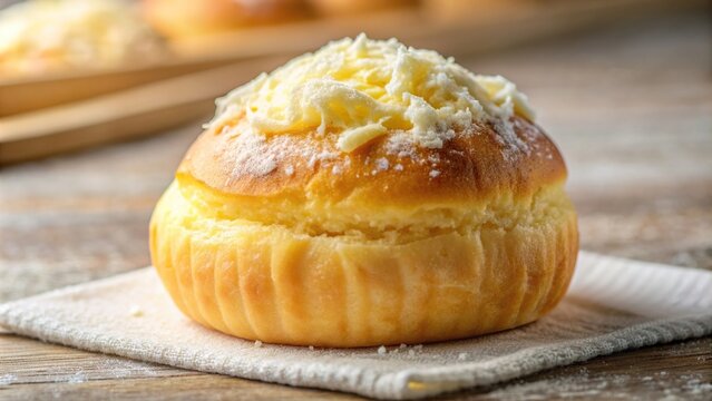 A close up photo of a Filipino style ensaymada a soft bread topped with margarine and white sugar, buttery, dessert, margarine, delicacy, treat, bakery, yummy, Filipino cuisine, ensaymada
