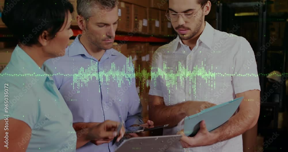 Poster animation of financial data processing and diverse workers in warehouse