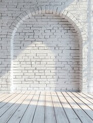 A white brick archway with a wooden floor in front of it