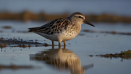 Obraz premium Ruff - Philomachus pugnax / Calidris pugnax - at the Curonian lagoon shore, Lithuania, spring Generative AI