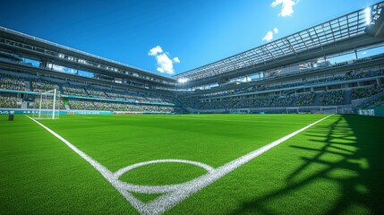 Fototapeta premium Football stadium, with goalposts and empty bleachers, bright green turf, clear blue sky