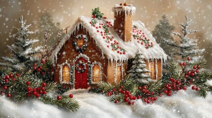 Gingerbread house, covered in icing and candy, surrounded by sprigs of holly, cozy kitchen lighting