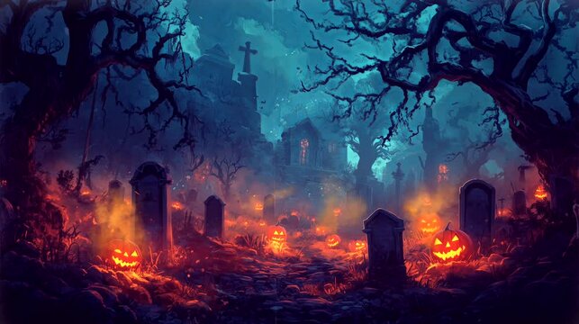 A deserted, fog-covered graveyard with ancient tombstones and glowing jack-o'-lanterns. Halloween concept, looping 4k video animation background