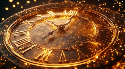Fototapeta premium Golden clock face, with Roman numerals, about to strike midnight, surrounded by glitter
