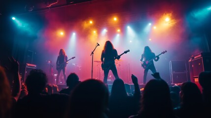 Live Music Performance, High resolution image of a rock band performing on stage, with vibrant stage lights, a cheering crowd, and an electric atmosphere