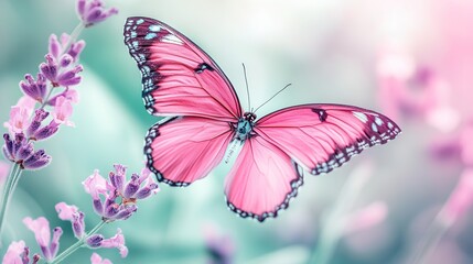 Naklejka premium A vibrant and elegant image of a pink butterfly with its wings spread wide. The butterfly features intricate patterns on its wings, displaying a gradient from soft pastel pink to deep magenta. 