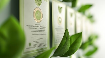 Green energy certificates, displayed on a wall, office setting, soft ambient light