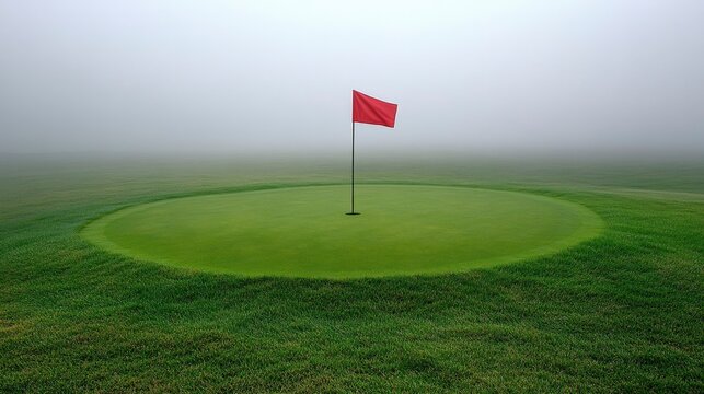 Golf flag, with hole and cup, surrounded by green grass, early morning mist
