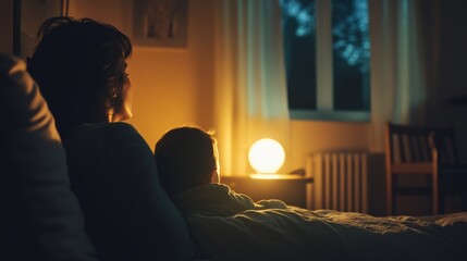 A cozy evening scene with two people relaxing in a dimly-lit room, glowing softly from a warm table lamp, creating a peaceful atmosphere.